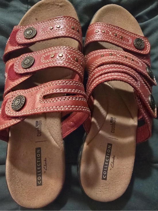 Clarks Shoes - Clarks Women's Red Leather Multi-Strap Slide Sandals
